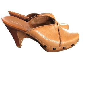Cole Haan Kenna Clog Leather Slide In Wood Heel Platform Mules Sz 7.5 Rivets